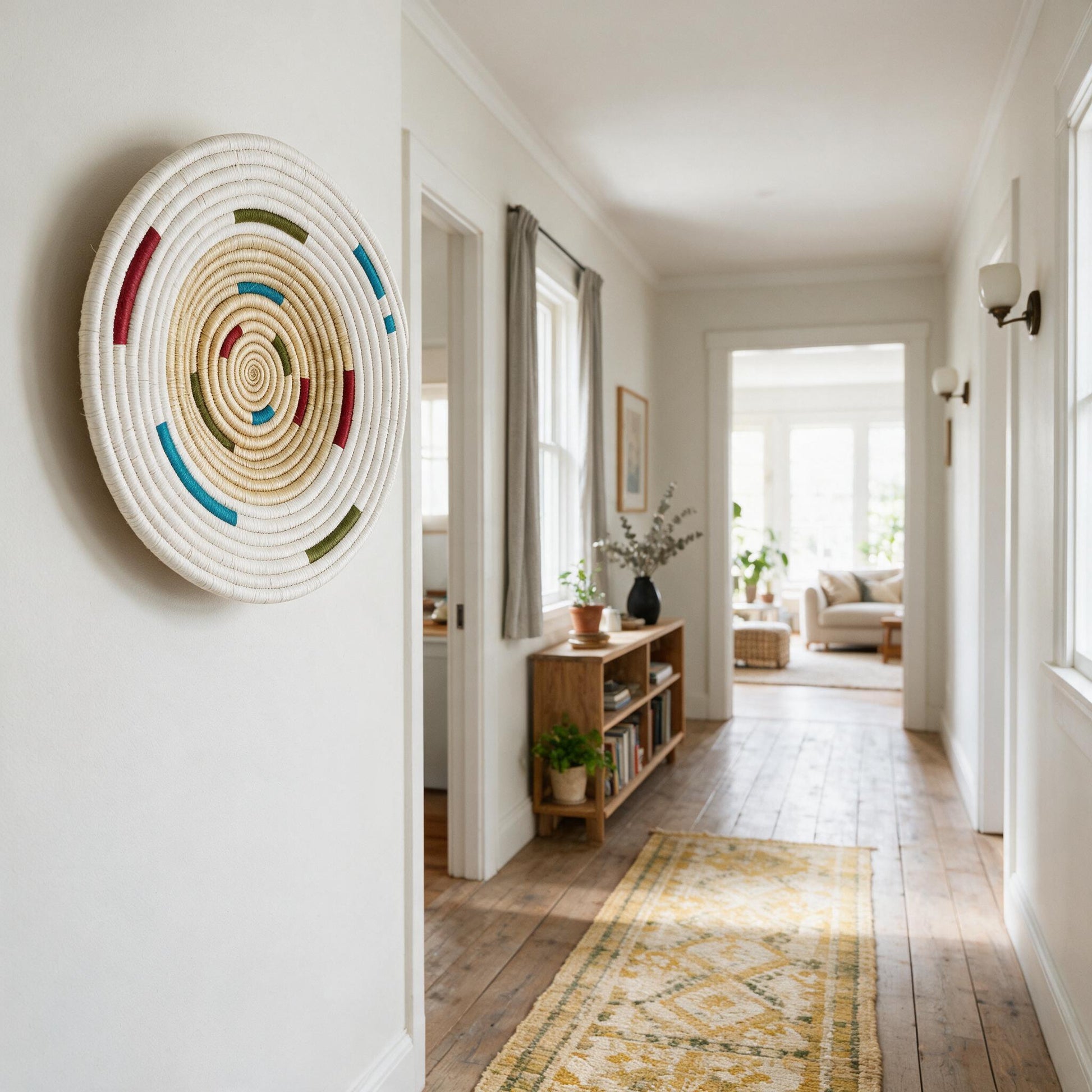 Mosaic Morse wall basket in a corridor