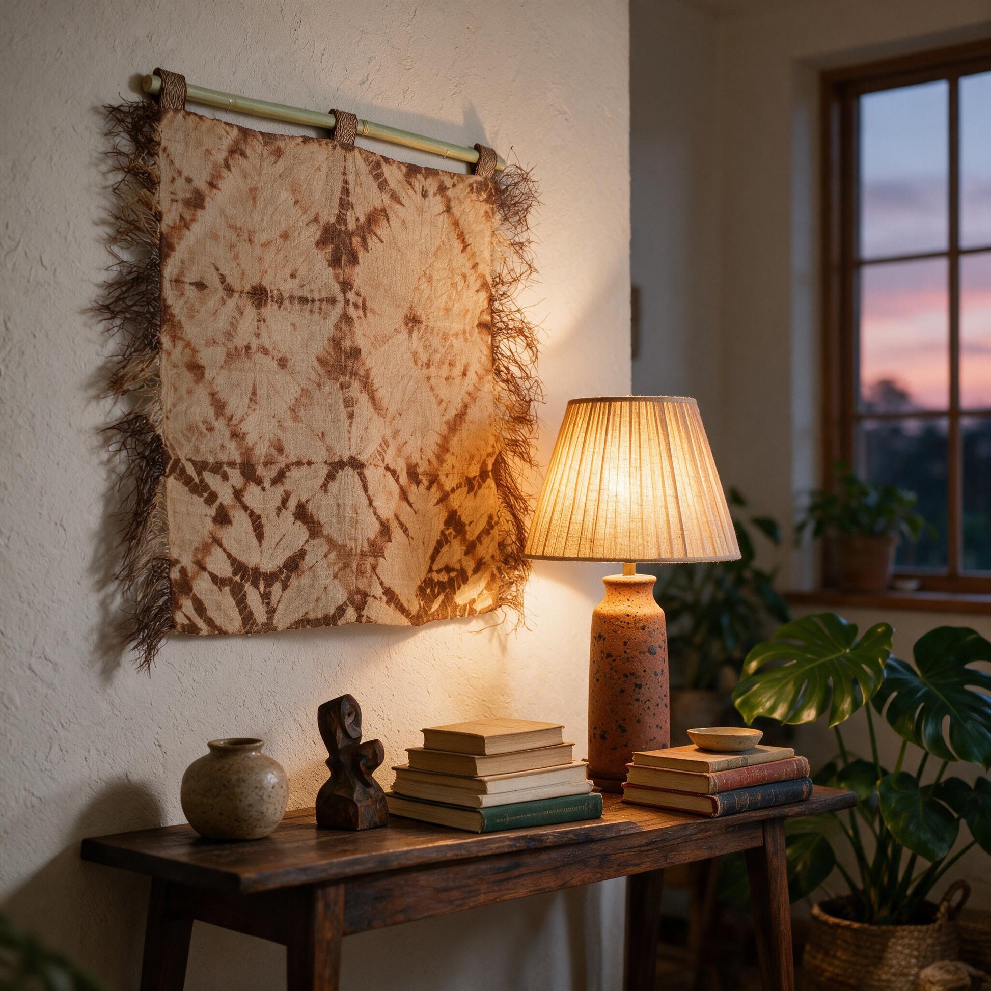 Rust raffia spider web wall hanging above a console