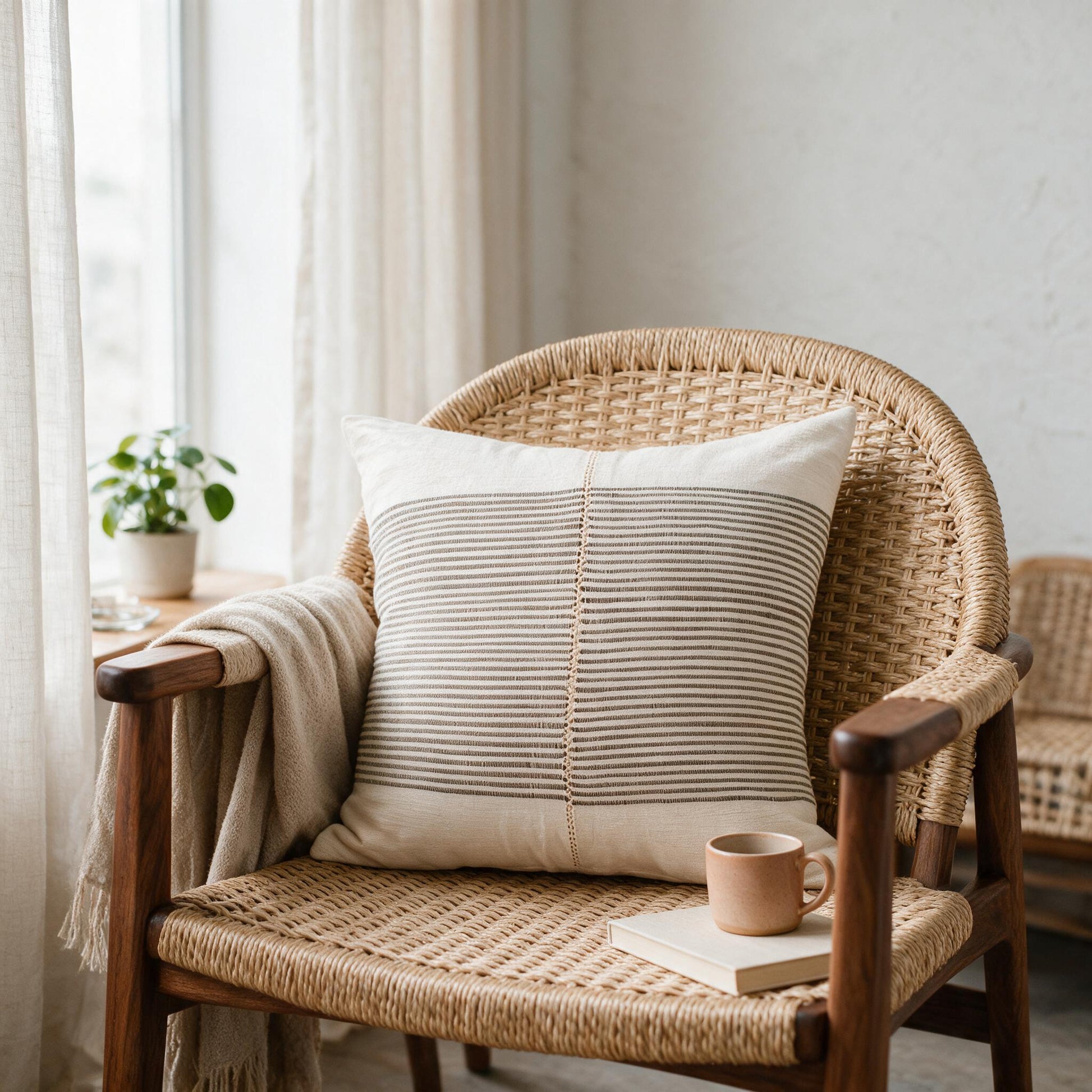 Riviera hand-stitch pillow on a cane armchair