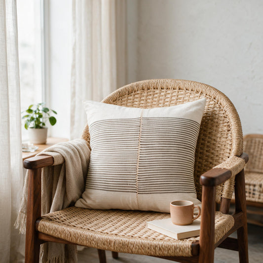 Riviera hand-stitch pillow on a cane armchair