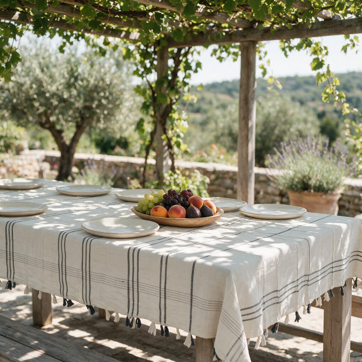 Ribbons cotton tablecloth on an outdoor table