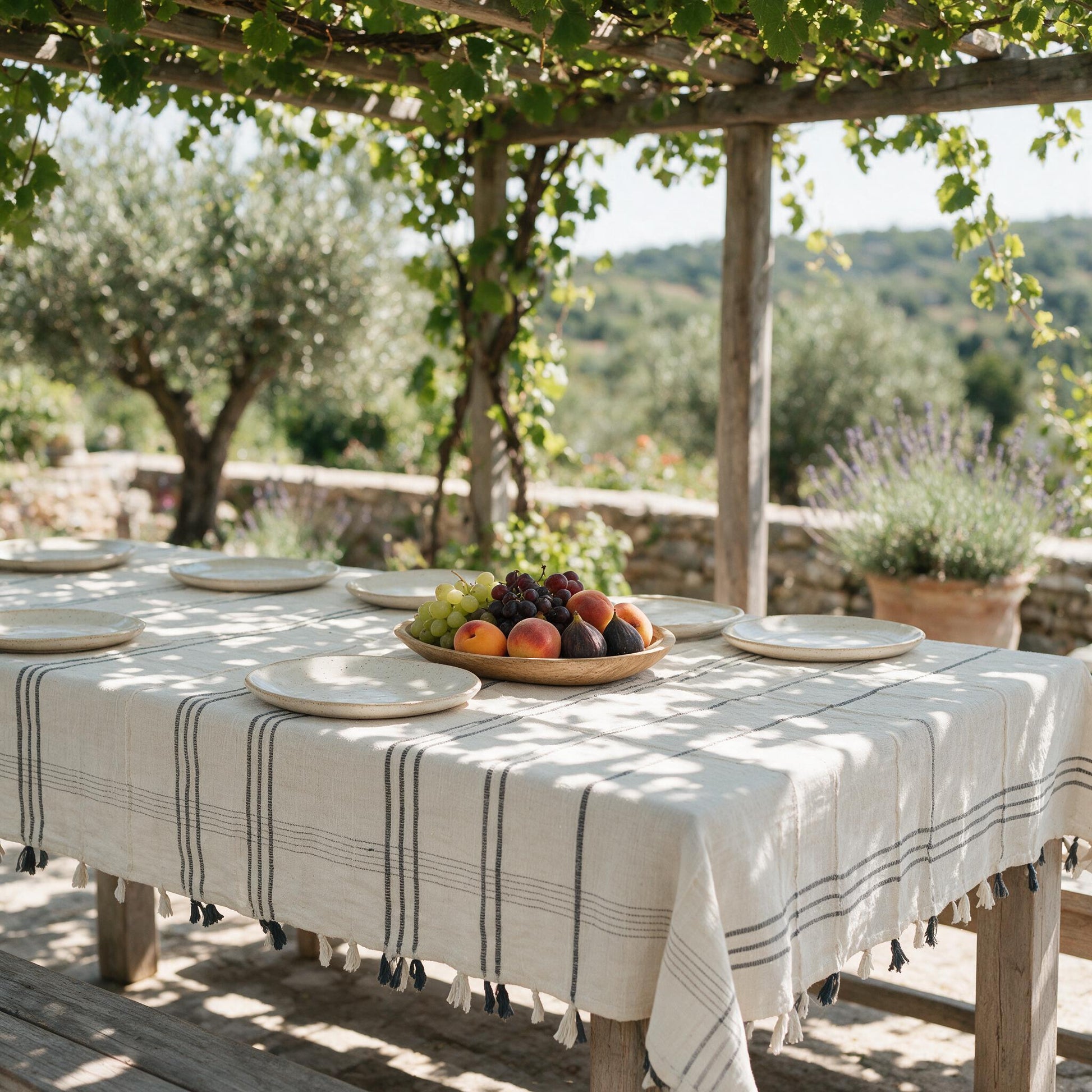 Ribbons cotton tablecloth on an outdoor table