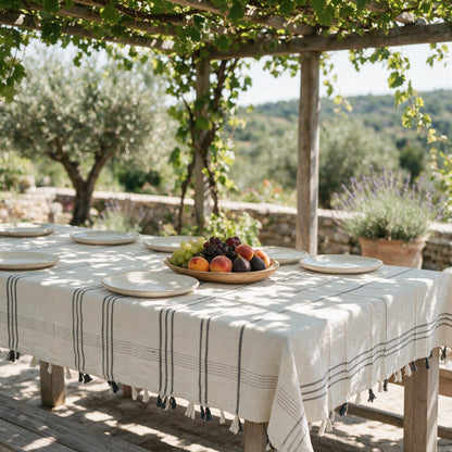 Ribbons cotton tablecloth on an outdoor table