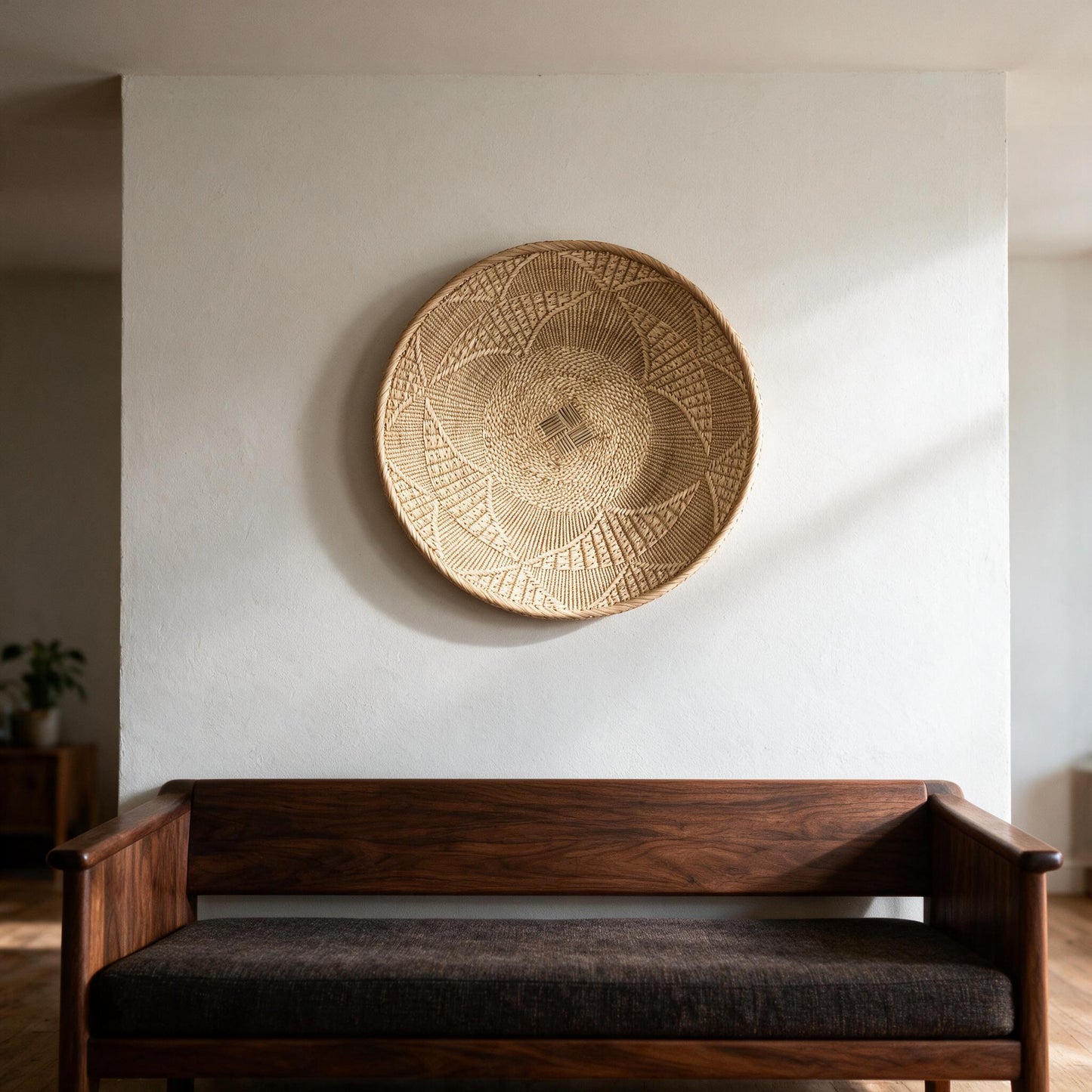 Statement Binga blonde wall basket above a sofa