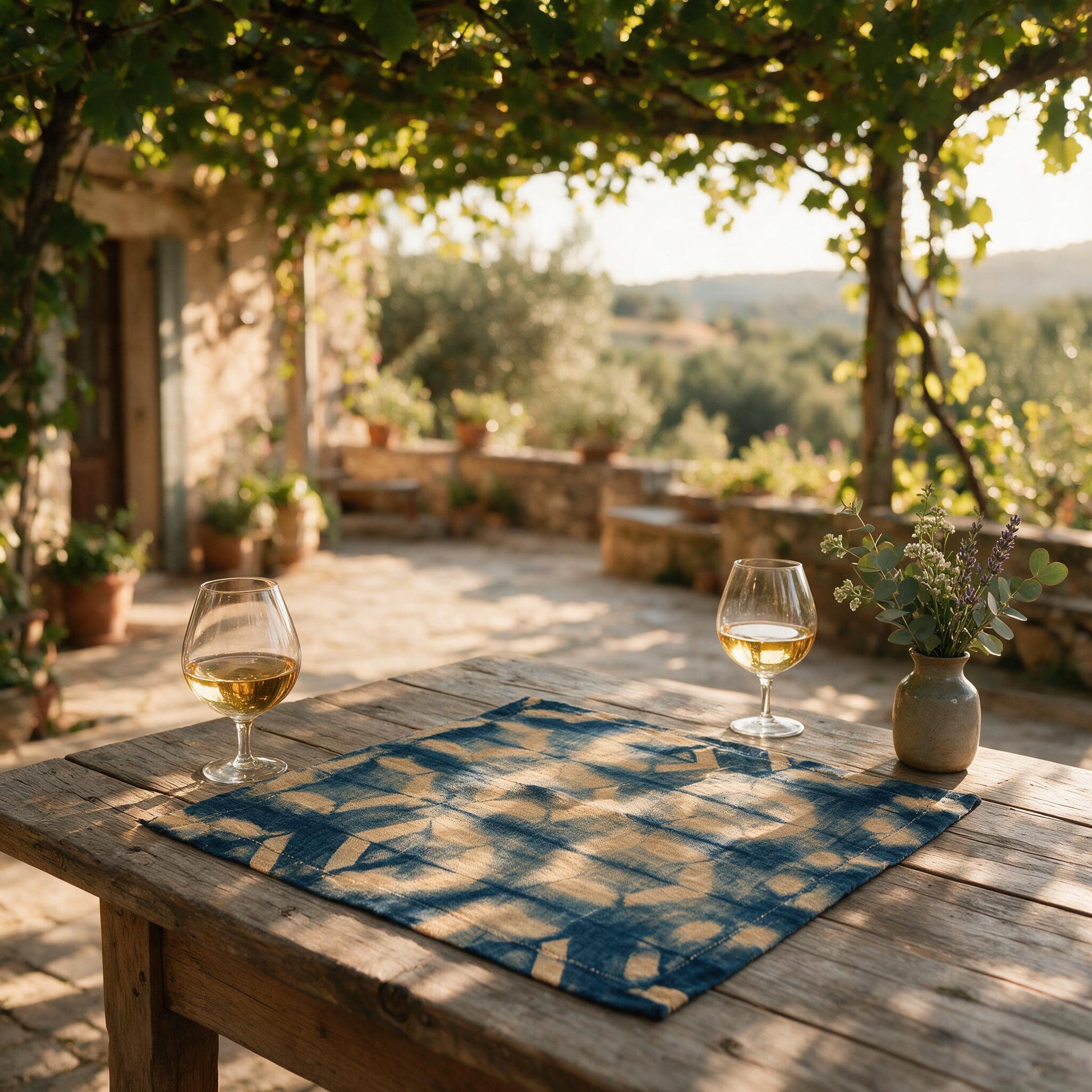 Indigo raffia turtle-pattern centrepiece on a terrace table