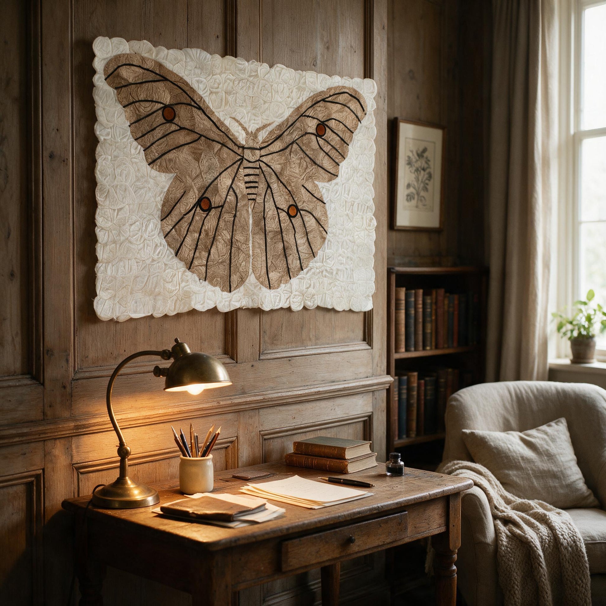 Wild silk moth wall art above a writing desk