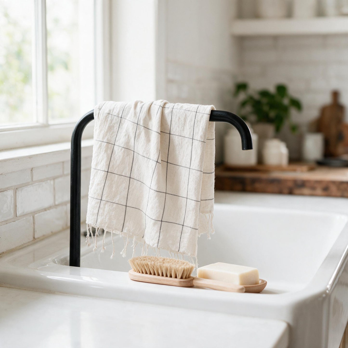 Windowpane plaid hand towel beside a sink