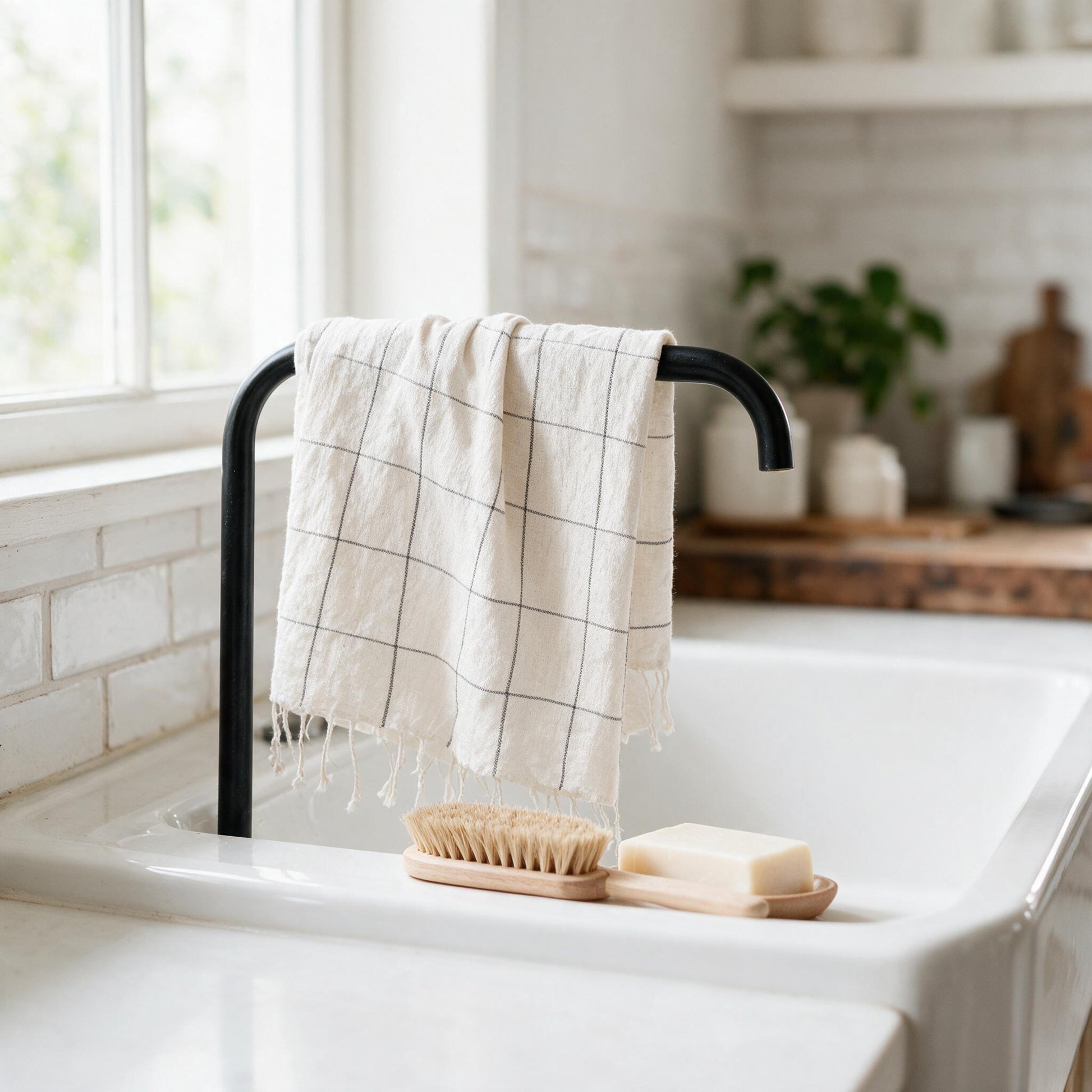 Windowpane plaid hand towel beside a sink