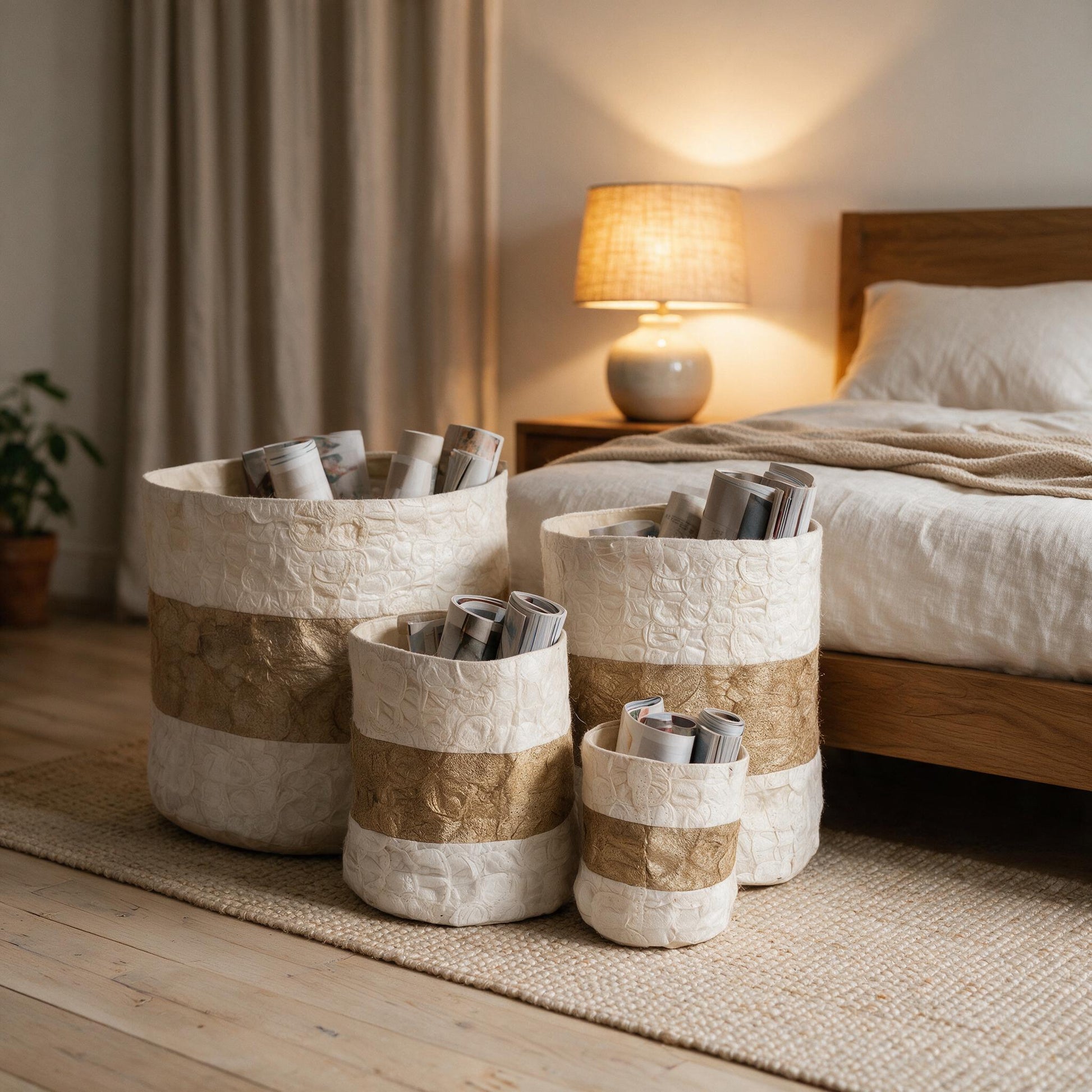 Striped Madagascar silk basket beside a bed