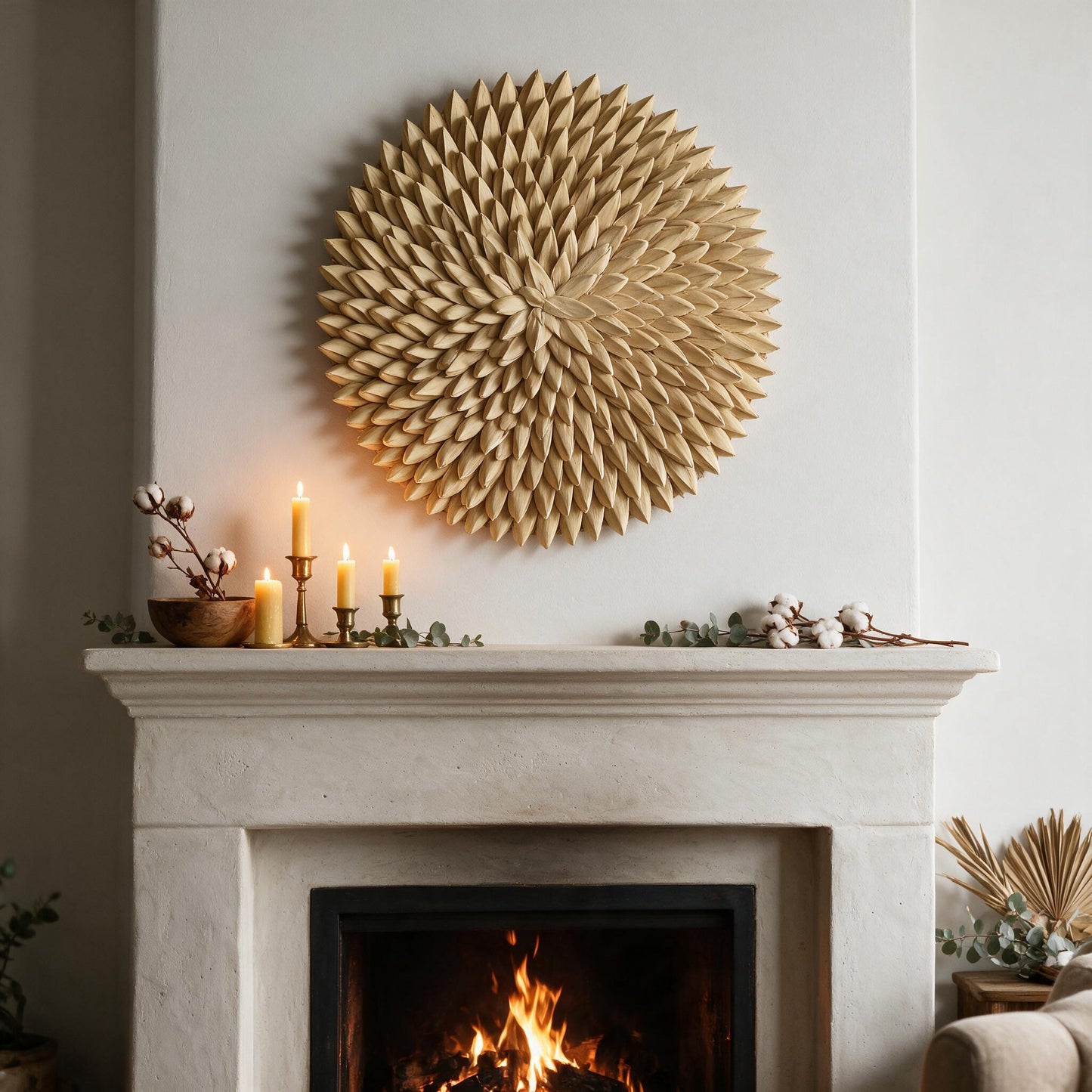 Porcupine woven wall art above a fireplace