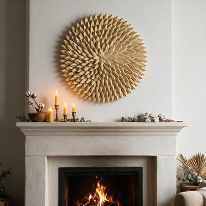 Porcupine woven wall art above a fireplace
