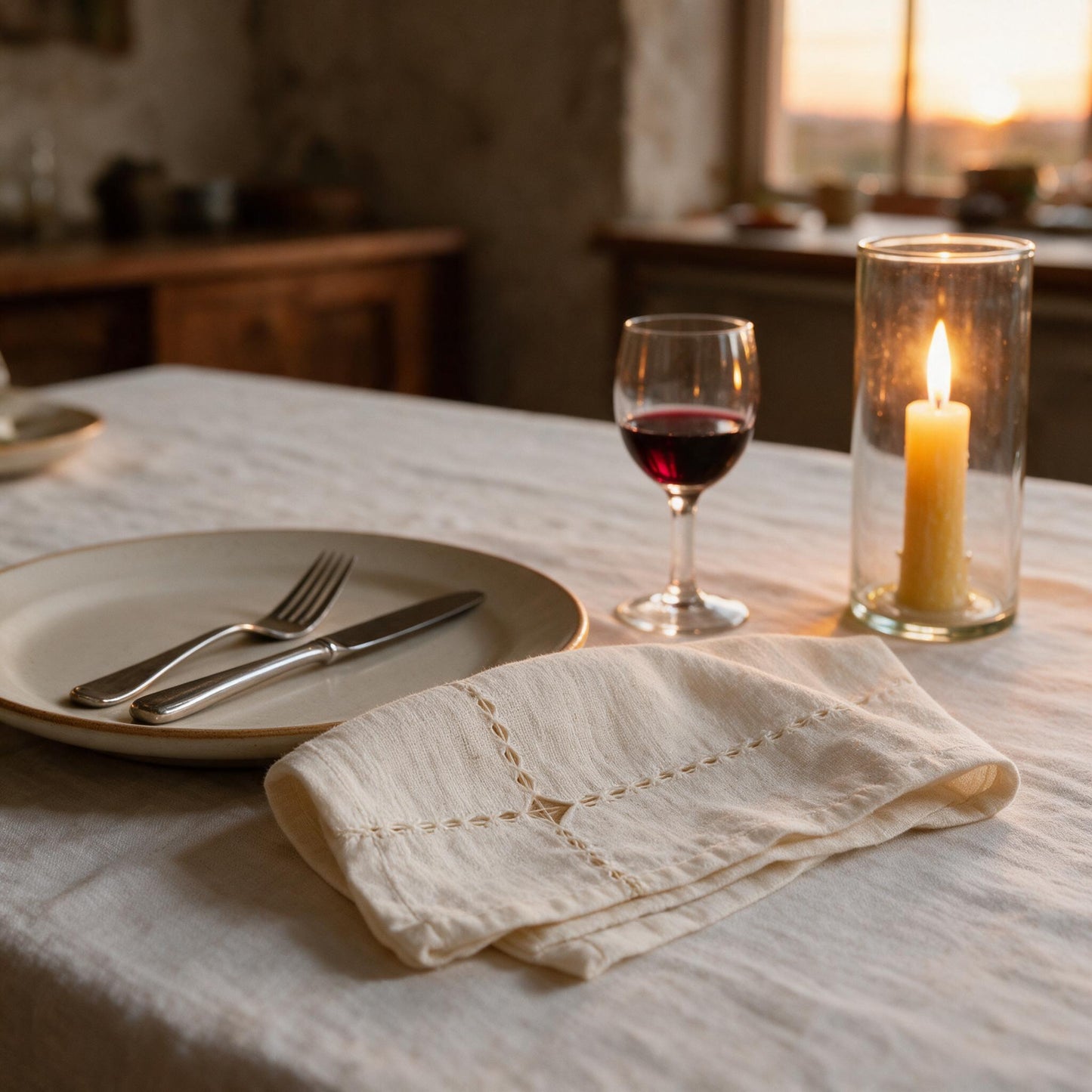 Pulled cotton napkin at a dinner setting