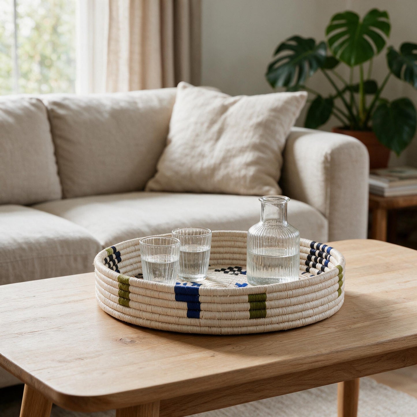Mosaic woven nesting tray on a coffee table