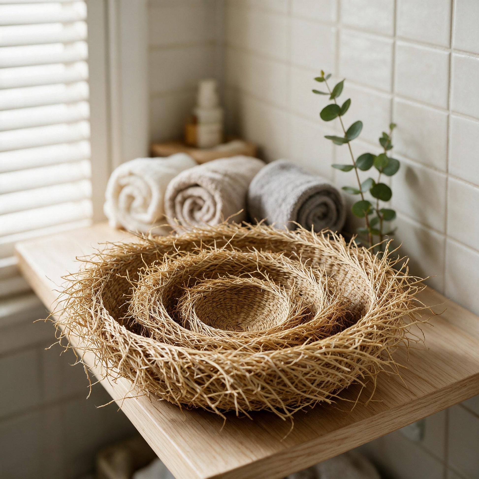 Vetiver baskets holding rolled towels