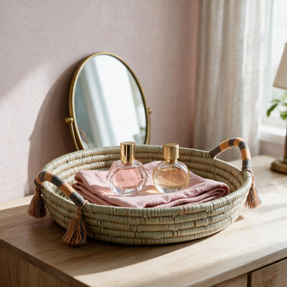Peach banded Betty tray on a vanity