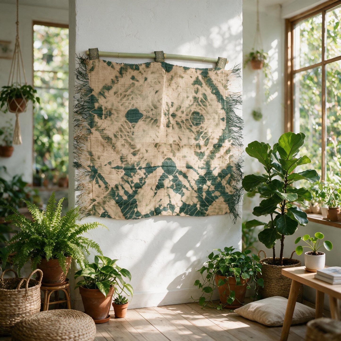 Khaki green raffia spider web wall hanging in a sunroom