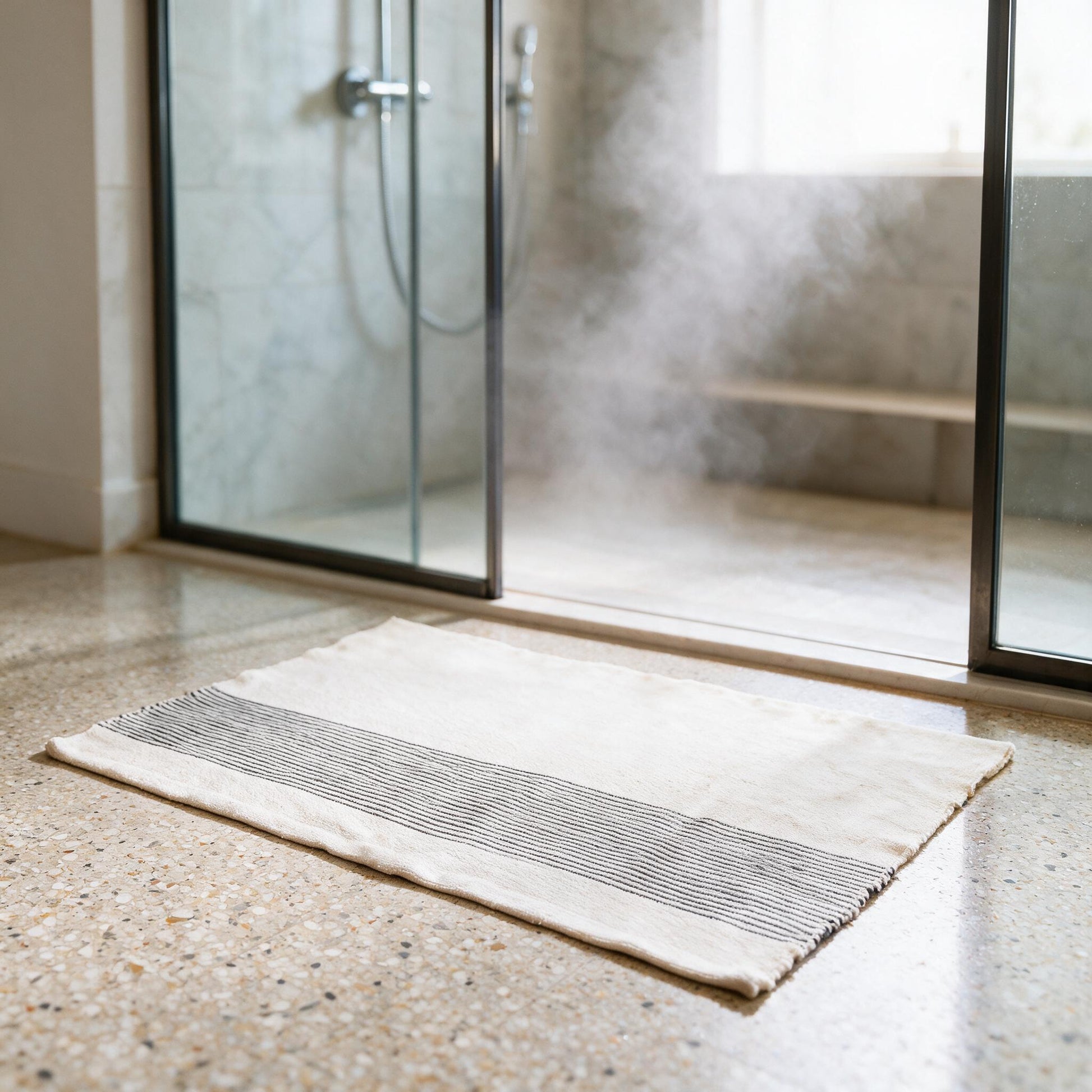 Riviera cotton bath mat in front of a shower