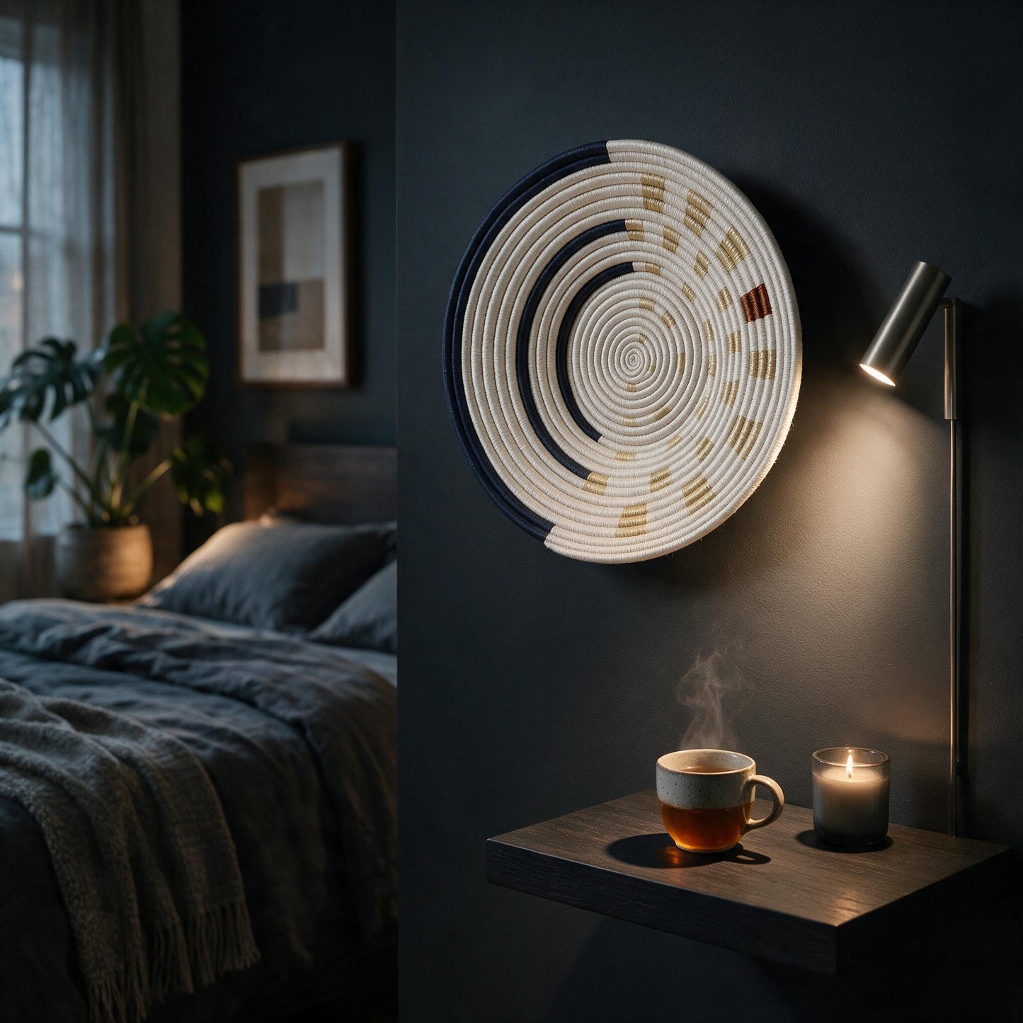 Moonrise wall basket on a charcoal bedroom wall