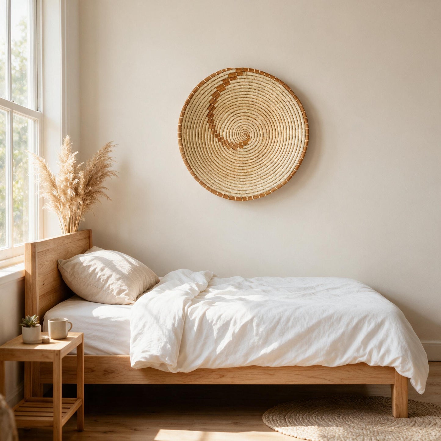 Konokono banana bark basket above a bed