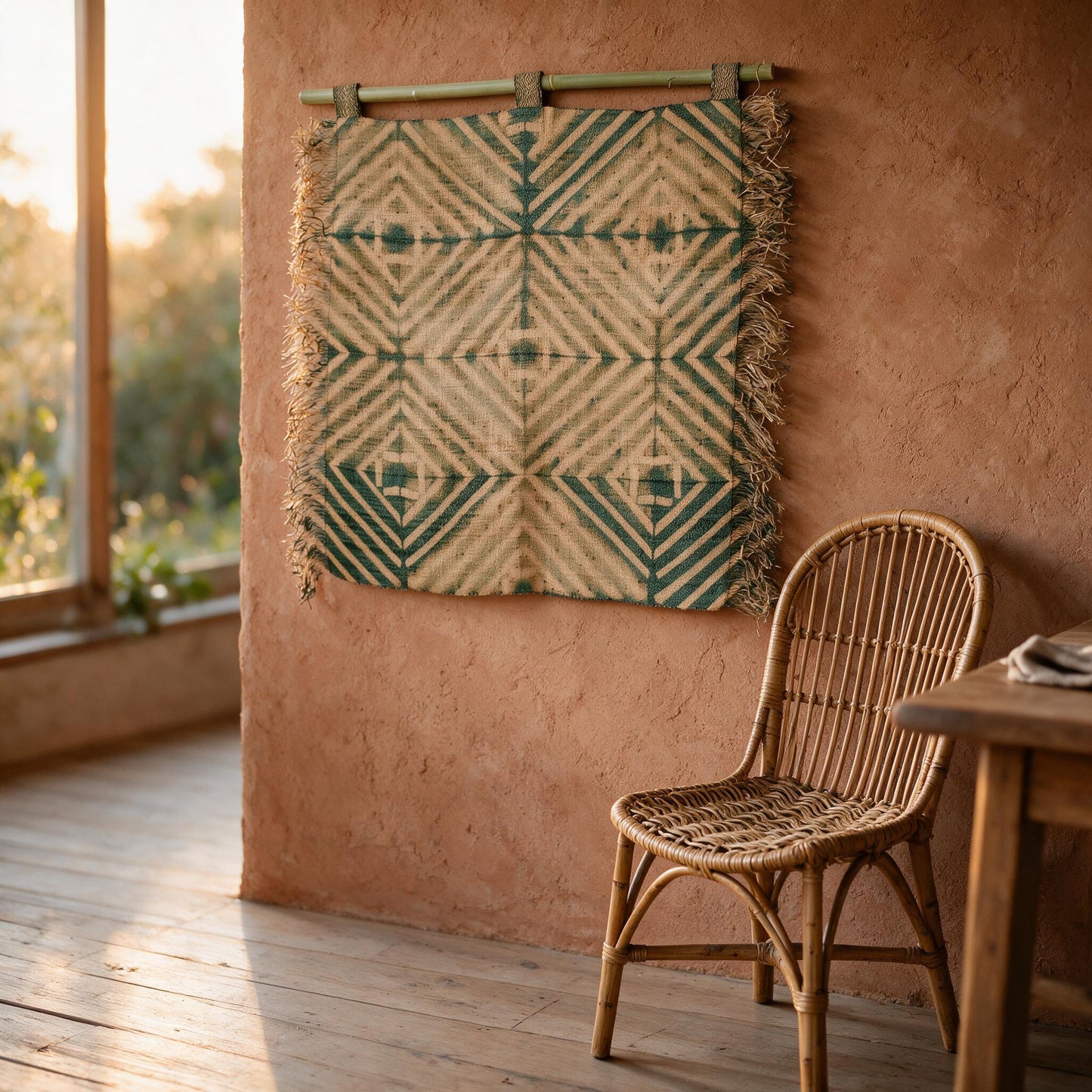 Khaki green raffia diamond wall hanging in a dining room